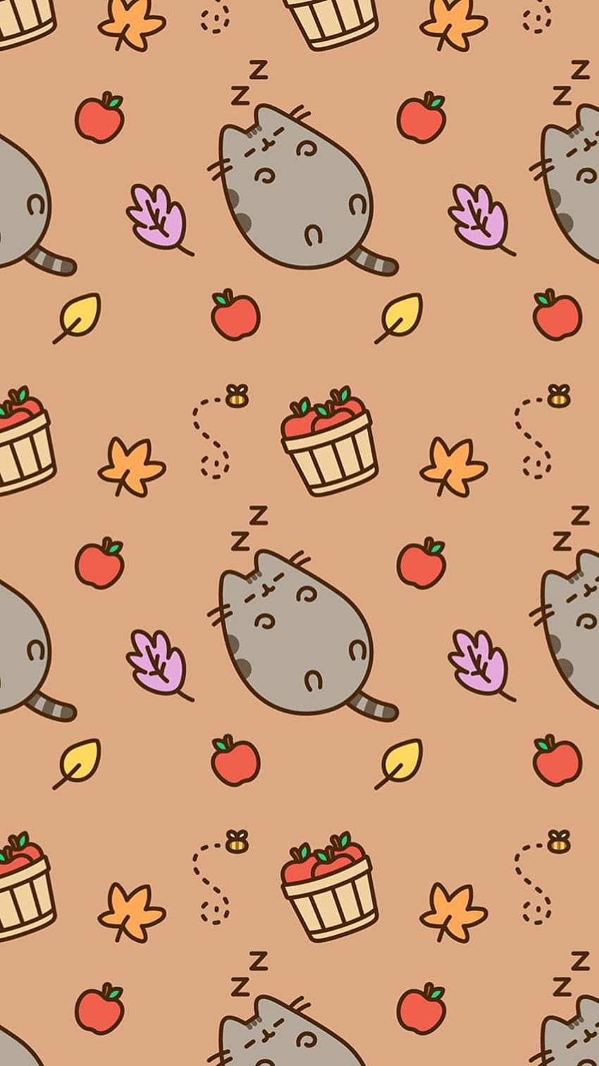 Apples, pumpkin pie, Pusheen, fall leaves and did I mention Pusheen??, pie drawing HD phone wallpaper