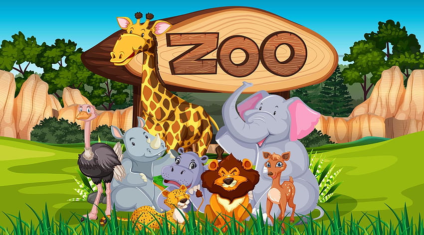 Animales del zoológico en la naturaleza salvaje 1372908 Arte vectorial en Vecteezy, dibujos animados del zoológico fondo de pantalla