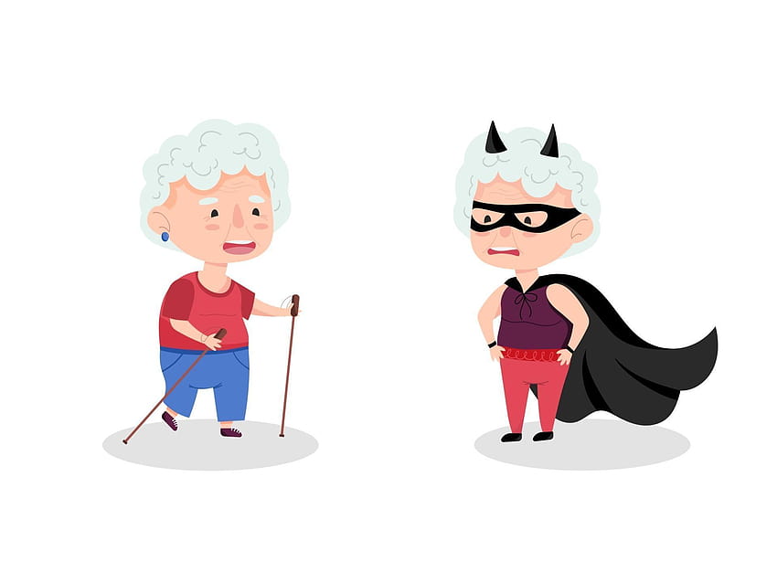 Un par de personajes de abuelas. Abuela disfrazada de superhéroe y atleta con palos escandinavos. Mujeres mayores divertidas. Ilustración vectorial en estilo de dibujos animados 2223941 Arte Vectorial en Vecteezy fondo de pantalla