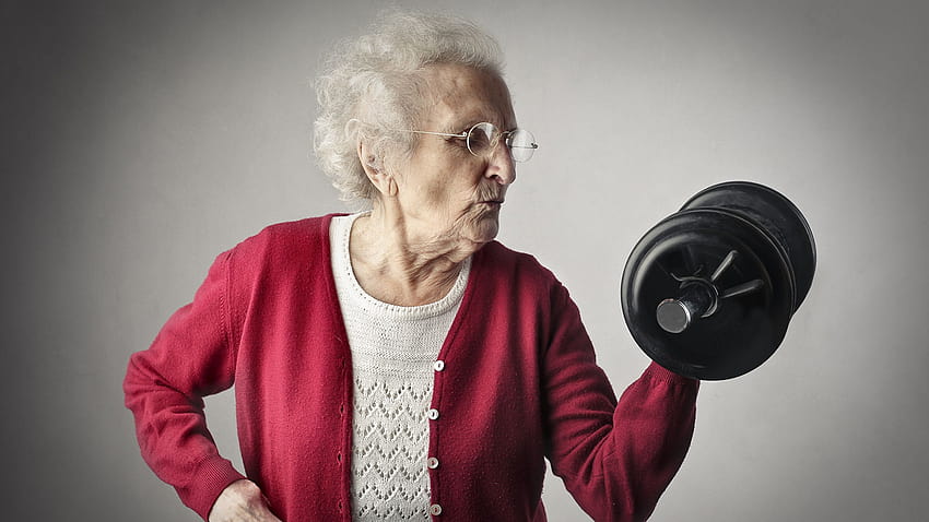 Old woman Fitness Sport dumbbell 2560x1440, elderly HD wallpaper