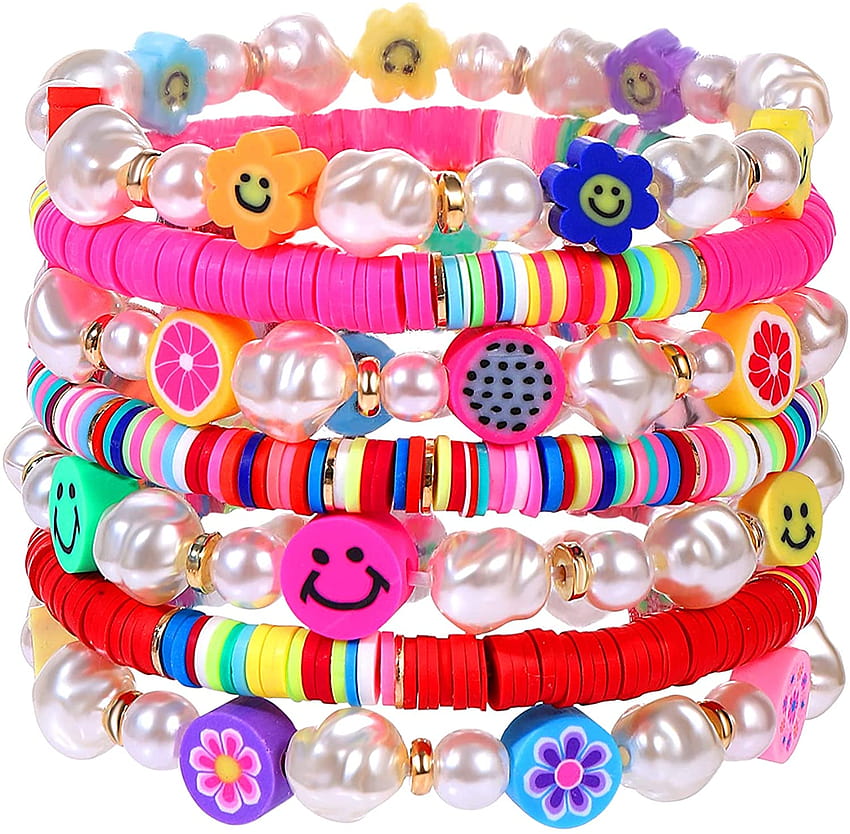 Perlen-Stretch-Armbänder für Frauen, buntes Ton-Frucht-Smiley-Perlen-Armband, Regenbogen-Heishi-Armband-Set, stapelbare Perlen-Y-Armbänder, Sommer-Strand-Accessoire HD-Hintergrundbild