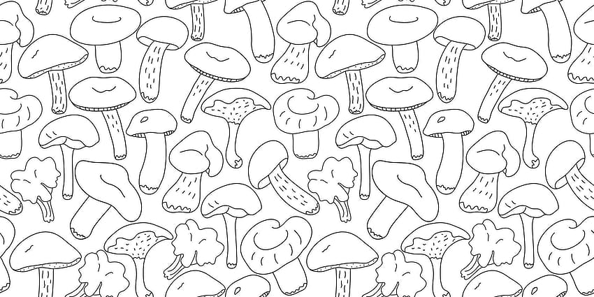 흰색 배경에 숲 식용 버섯이 있는 매끄러운 패턴입니다. 직물, 포장지, 표지에 적합합니다. 검정 잉크로 낙서 스케치 스타일 입니다. 7539736 Vecteezy의 벡터 아트 HD 월페이퍼