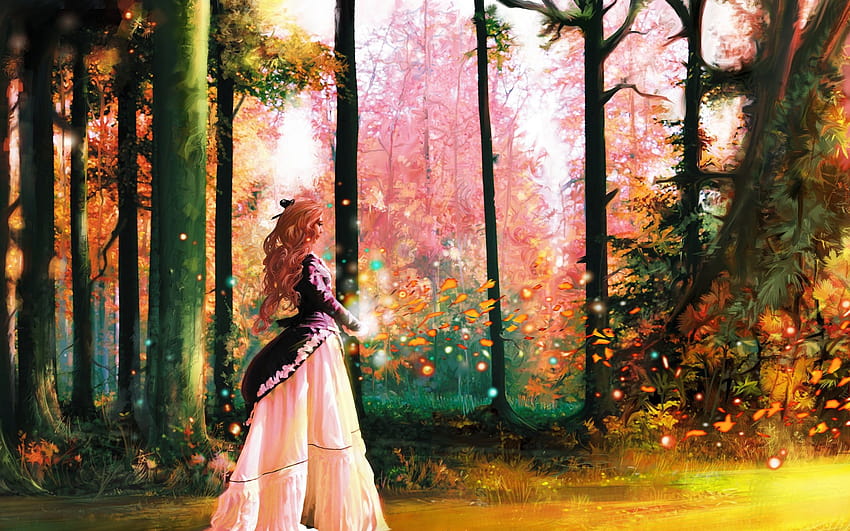 Art , forest, girl, trees, magic, colorful 2560x1600 , lady autumn path HD wallpaper