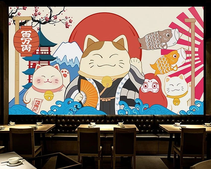 일본어 손으로 그린 ​​일본 행운의 고양이 우키요 전자 레스토랑 스시 레스토랑 툴링 벽 사용자 정의 3D 벽화 HD 월페이퍼