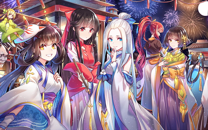 2880x1800 Anime Girls, Traditional Clothes, Festival, traditional masks HD wallpaper
