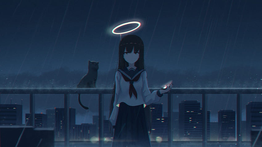 5120x2880 Girl in the Rain with Cat , Anime , and Backgrounds HD wallpaper