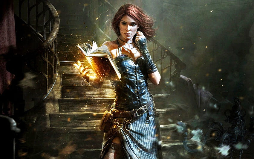 Brown haired female character with books, witch, video games, video game women HD wallpaper