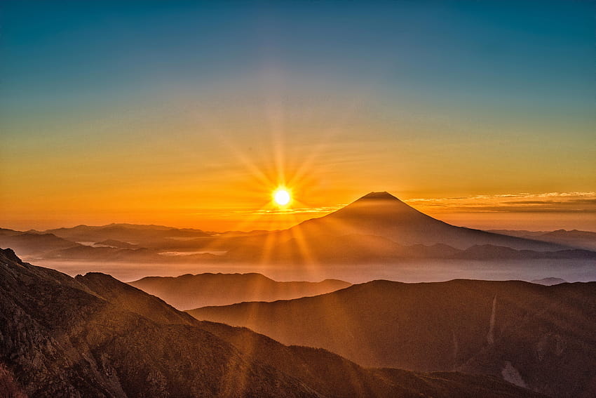 Mount Fuji Morning Sun Rising, природа, фонове и HD тапет