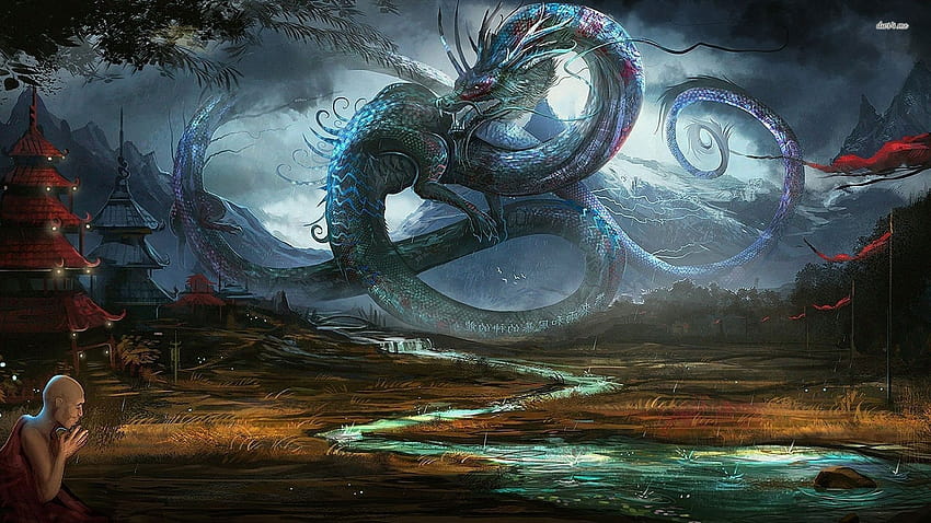 Dragon in ancient Chinese village, water power chinese dragon HD wallpaper