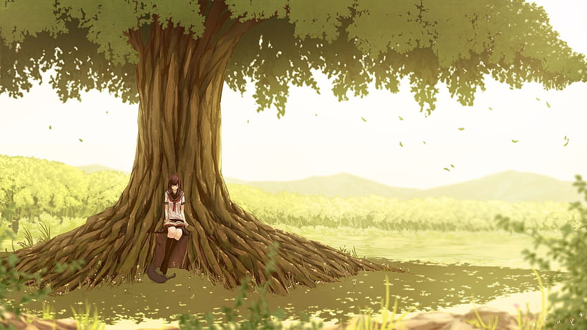 Leyendo un libro, escénico, chica anime, paisaje, árbol gigante, libro de lectura de chica anime fondo de pantalla