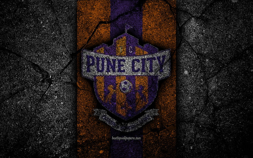 FC Pune City, ISL, logo, Indian Super League, black stone, India, football club, Pune City, soccer, asphalt texture, Pune City FC with resolution 3840x2400. High Quality HD wallpaper