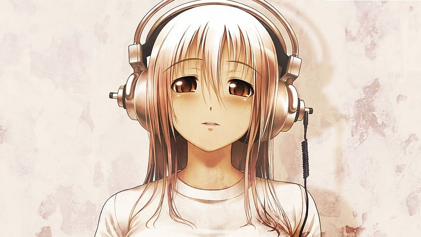 : face, illustration, long hair, anime girls, black hair, sepia, headphones, mouth, nose, skin, head, Super Sonico, joint, cool, girl, smile, eye, neck, hairstyle, 1920x1080 px, computer , brown hair, human HD wallpaper