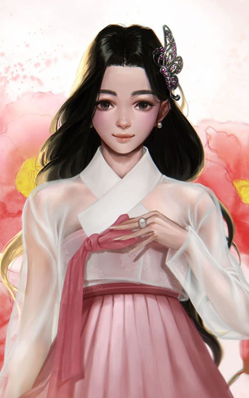 Personagem de garotas kawaii fofas coreanas em ilustração de conjunto de  desenhos animados de vestido hanbok coreano tradicional