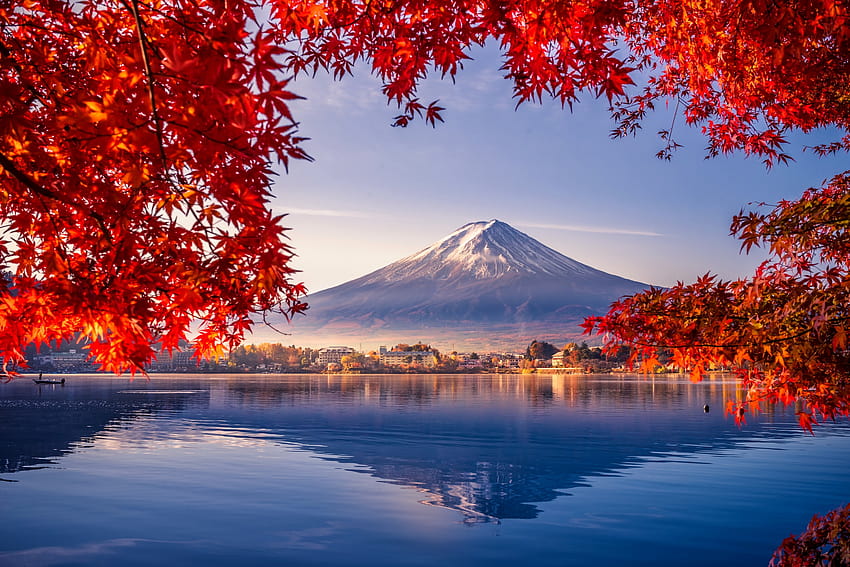 6142253 / musim gugur, warna-warni, merah, musim gugur, jepang, pemandangan, cantik, fuji, danau, gunung, pohon, daun, musim, cabang, refleksi, musim gugur jepang Wallpaper HD