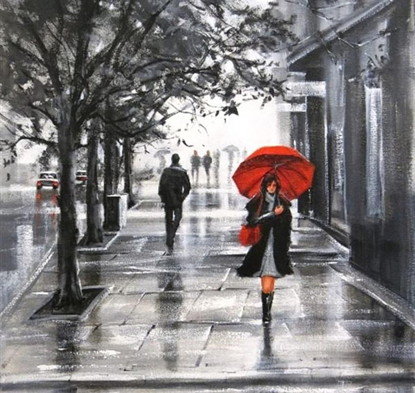 Peinture Parapluie rouge, parapluie femmes Fond d'écran HD