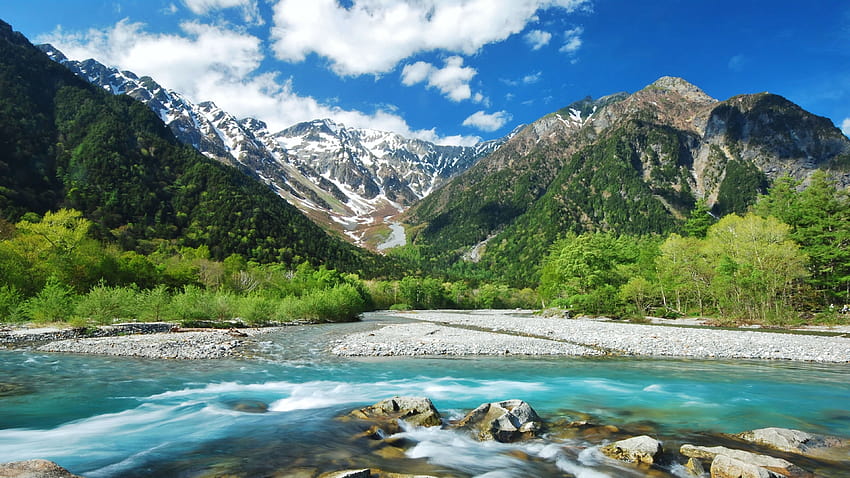 Kamikochi, pegunungan, Jepang, sungai, biru, langit, Perjalanan, langit dan sungai Wallpaper HD