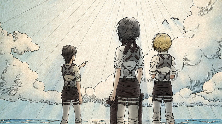 Attack On Titan Arkadan Görünüm Armin Arlert Eren Yeager Mikasa Ackerman Arka Plan Gökyüzü Ve Bulutlarla Sahilde Duruyor Anime, eren mikasa armin HD duvar kağıdı