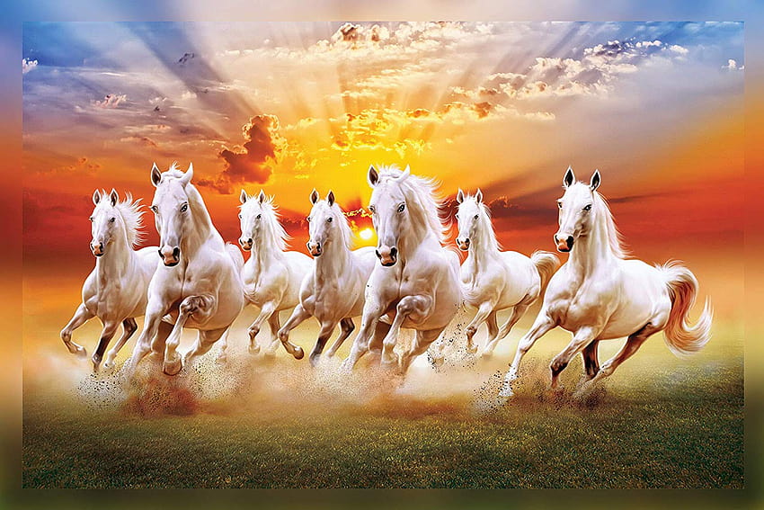 Седем бягащи коня Картина Печатен стикер за стена, бягащи седем коня HD тапет