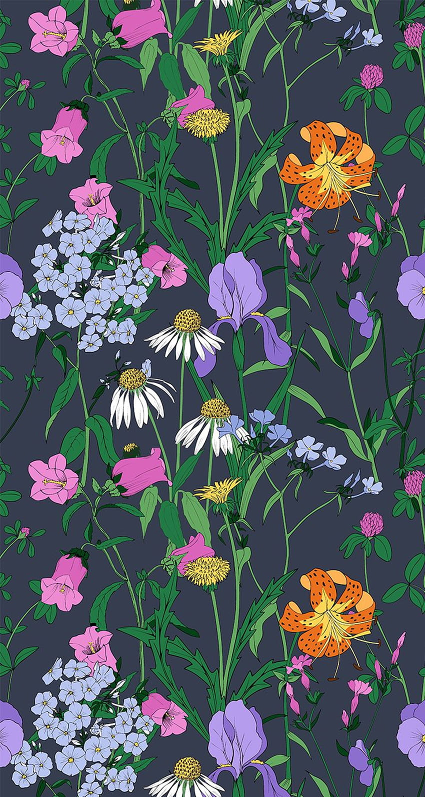 アイリス、ユリ、クローバー、デイジー、その他の花の花柄。 シームレスなベクター パターン、オレンジ グリーン抽象的な春 HD電話の壁紙