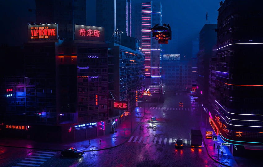 Night, The city, Street, Style, Machine, Building, Style, Fiction, Neon, Rendering, Illustration, Transport, Cyber, Cyberpunk, Synth, Retrowave , section рендеринг, cyber city HD wallpaper