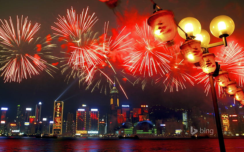 Fireworks in Victoria Harbour during Chinese New Year festivities, Hong Kong, China, chinese fireworks HD wallpaper