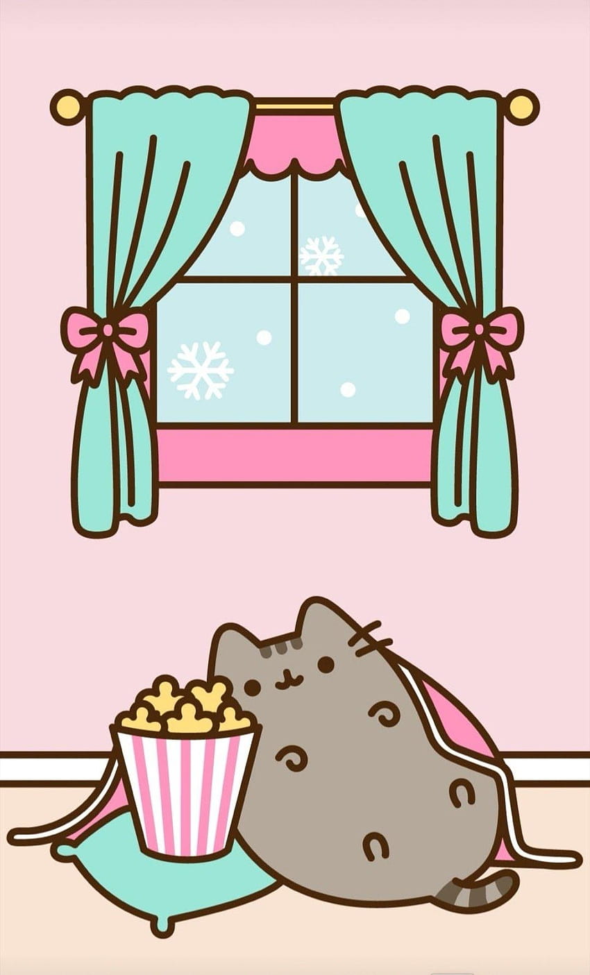 Pusheen snuggling under a warm blanket with some popcorn during a HD phone wallpaper