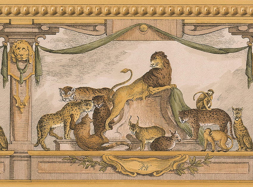 Roma Kuno Singa Lynx Monyet Desain Retro Perbatasan Hewan Kuning, Roll 15' x 10.5'', seni wanita kuno Wallpaper HD