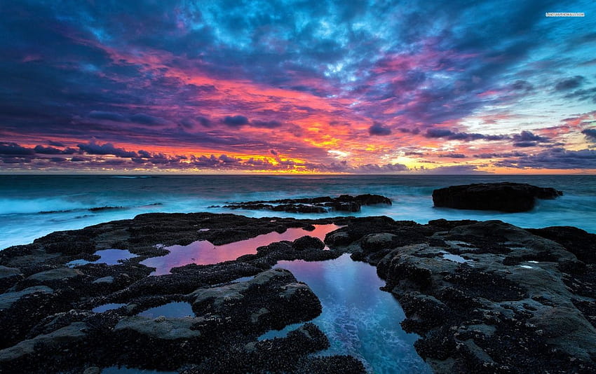 Originalwide Ocean Black Rocks & Pink Sky, cielo azul océano fondo de pantalla