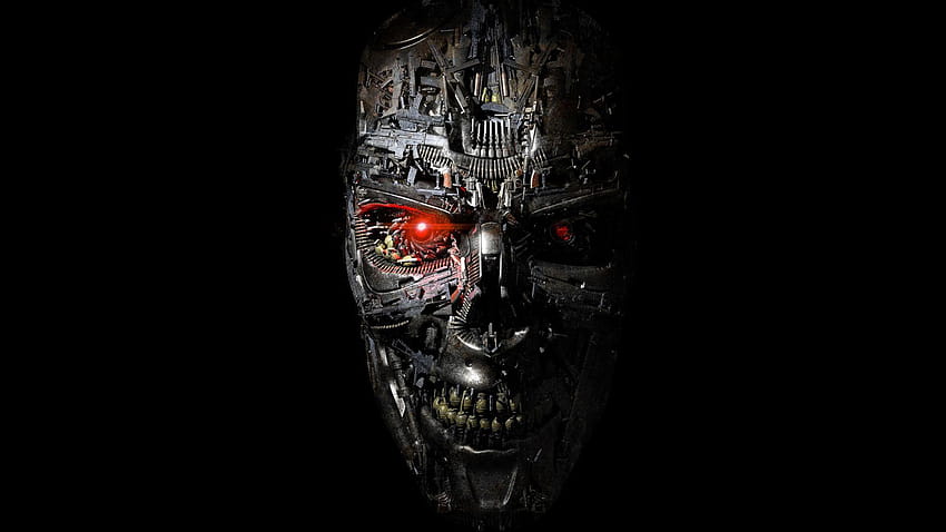 Vollständiges Terminator-Genesys-Roboterschädel-Gewehrgesicht, cooler Schädel und Waffen HD-Hintergrundbild