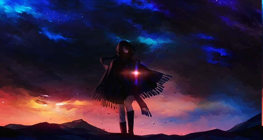 : sunset, anime girls, space, sky, evening, dark hair, atmosphere, purple eyes, cloud, darkness, screenshot, computer , special effects, geological phenomenon, 1800x960 px 1800x960, anime girl space HD wallpaper