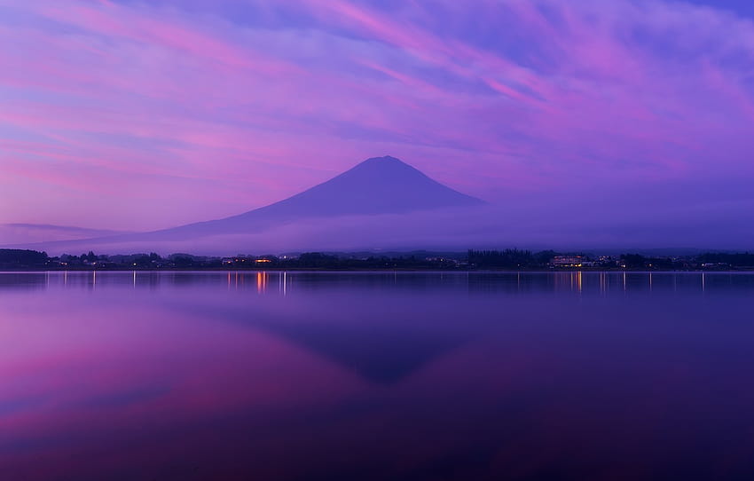 The sky, clouds, lights, reflection, lilac, shore, color, mountain, the ...