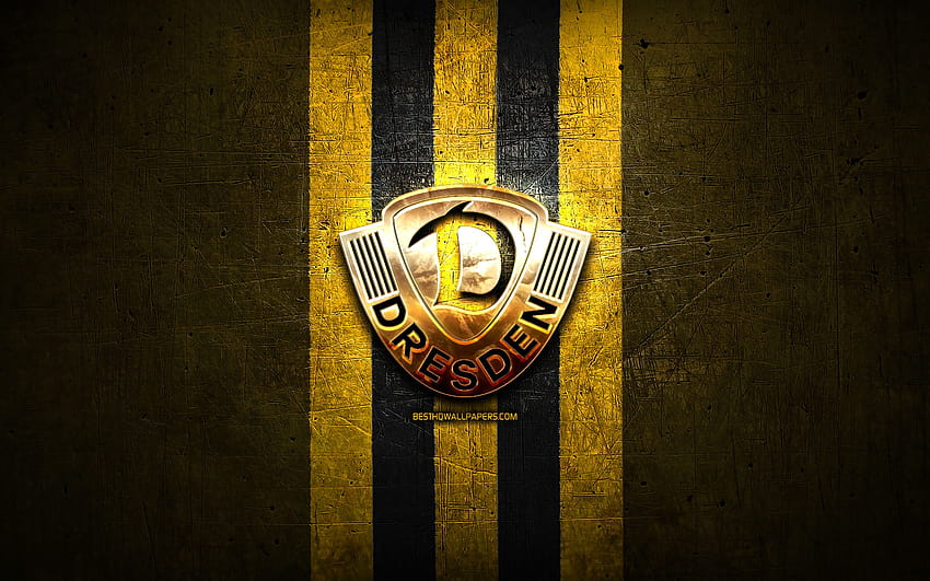 ディナモ ドレスデン FC、金色のロゴ、ブンデスリーガ 2、黄色の金属の背景、サッカー、SG ディナモ ドレスデン、ドイツのサッカー クラブ、ディナモ ドレスデンのロゴ、サッカー、解像度 2880 x 1800 のドイツ. 高品質、 高画質の壁紙