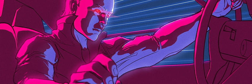 1920x640 Synthwave, Music, Man, Car, Driving, Red Eyes HD wallpaper