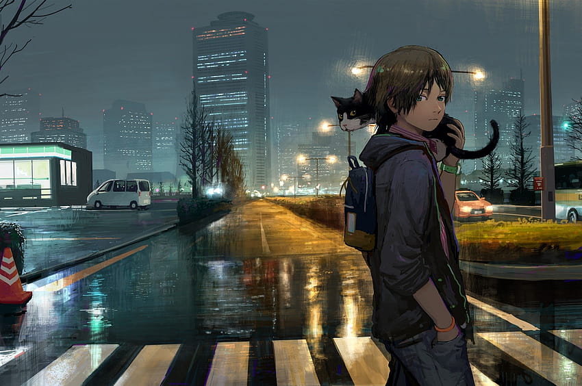 2560x1700 Anime Boy, Cat, Street, Buildings, Night, Slice Of Life for ...