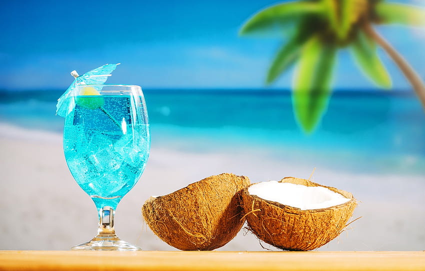 плаж, лято, престой, кокос, коктейл, лято, плаж, ваканция, плодове, питие, кокос, ваканция, тропически, палма, раздел еда, лятно пиене HD тапет