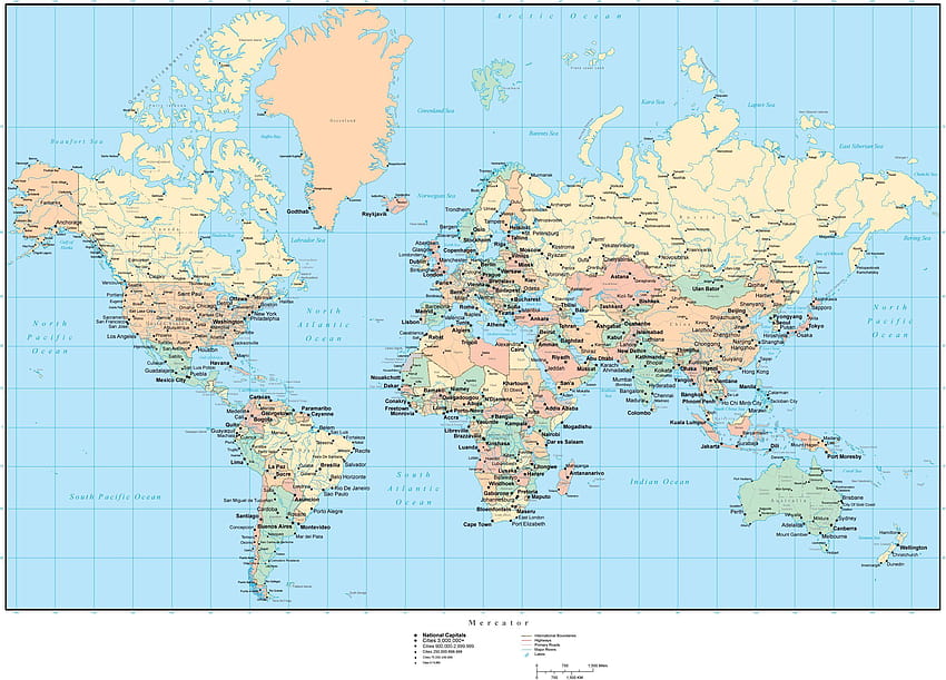 世界の国と首都、国を含む世界地図 高画質の壁紙