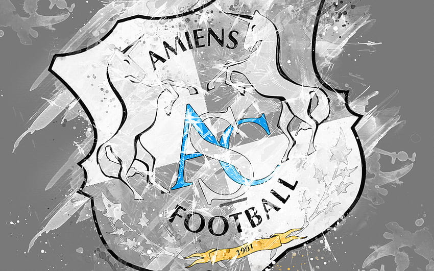 アミアン SC、ペイント アート、クリエイティブ、フランスのサッカー チーム、ロゴ、リーグ 1、エンブレム、灰色の背景、グランジ スタイル、アミアン、フランス、サッカー、解像度 3840x2400 のアミアン FC。 高品質、アミアン 高画質の壁紙