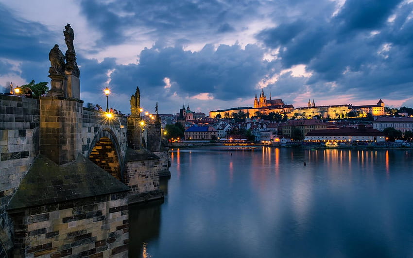 Charles Köprüsü, Prag, akşam, Gün batımı, gün batımı prag HD duvar kağıdı