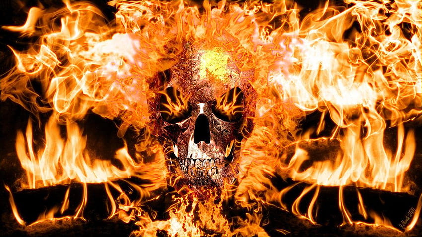 Green Flaming Skulls, burning skull HD wallpaper