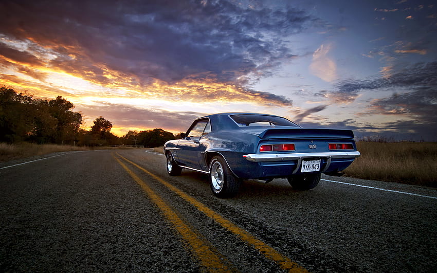 1969, Chevy, Camaro, Ss, Vehicles, Auto, Chevrolet, Retro, Classic, Muscle, Wheels, Roads, Sunset, Sunrise, Sky, Clouds, Trees, Chrome, Stripes / and Mobile Backgrounds, retro sunset cars HD wallpaper