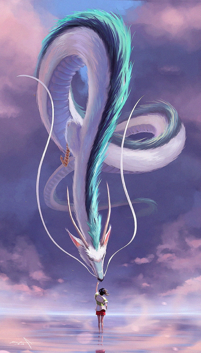 Fantasie-Mädchen, weiße Drachenschlange, Kreatur, Himmel HD-Handy-Hintergrundbild