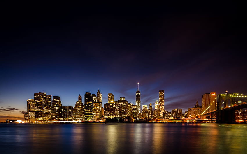 New York City , Skyline, Brooklyn Bridge Park, Waterfront, Night time ...
