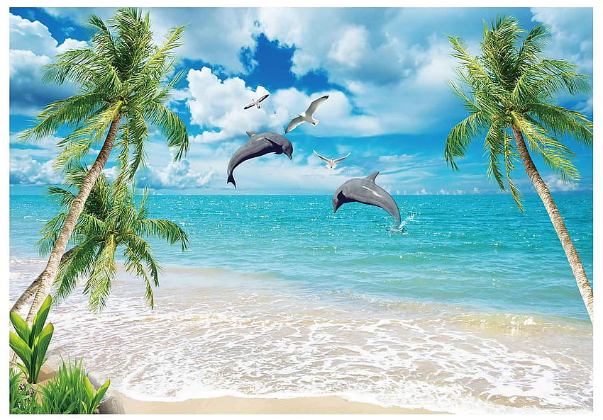 Amazon: Funnytree 7x5ft letnia tropikalna plaża graficzna tło hawaje delfin nadmorski scena wyspa palma błękitne morze niebo tła dekoracje ścienne do domu baner imprezowy stoisko studyjne rekwizyty Mini sesja: elektronika Tapeta HD