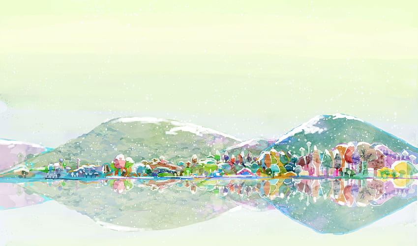 Sztuka cyfrowa, Malarstwo, Natura, Góra, Śnieg, Śnieżny szczyt, Drzewa, Zima, Woda, Odbicie, Dom, Kolorowe / i mobilne tła, górskie śnieżne anime Tapeta HD