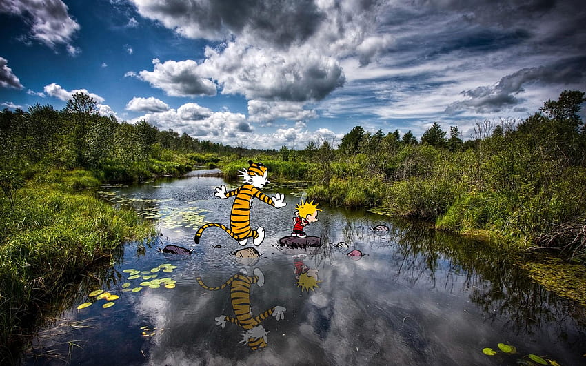 Crossing a river with Calvin and Hobbes :, river crossing HD wallpaper