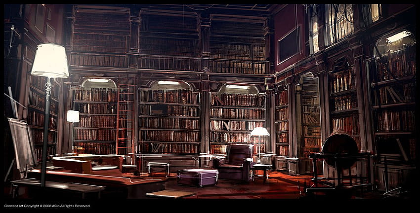 Dark Library, alter Bibliotheks-Anime HD-Hintergrundbild