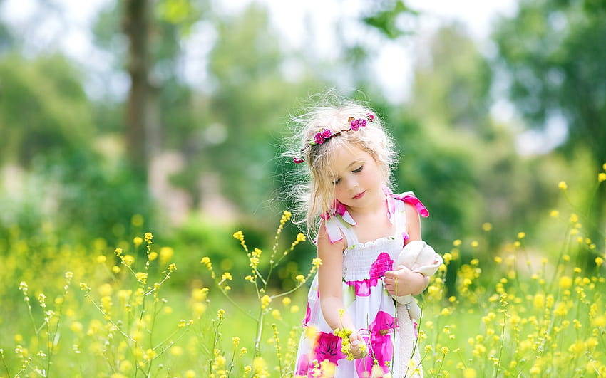Cute child girl, rapeseed flowers 1920x1200 HD wallpaper
