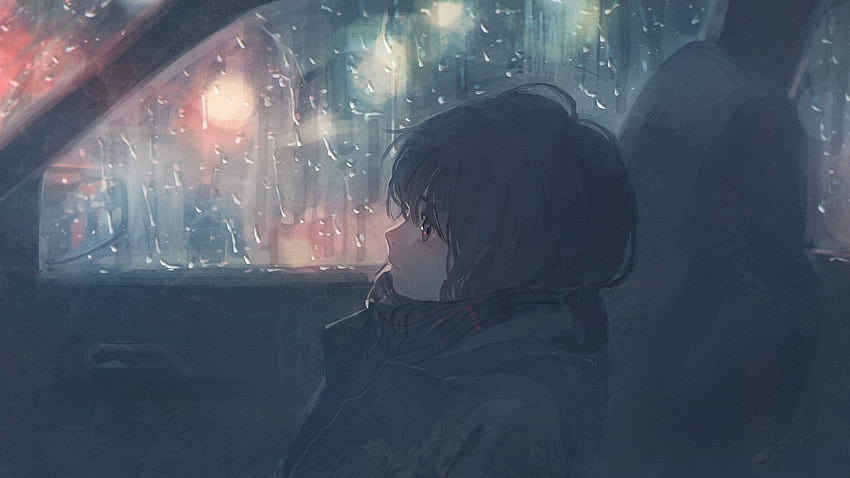 겨울, 애니메이션 소녀, 스카프, 비가 내리는, 차 HD 월페이퍼