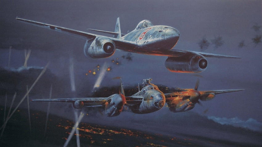 opera d'arte, aereo, militare, seconda guerra mondiale, Messerschmitt Me 262, De, de havilland mosquito Sfondo HD