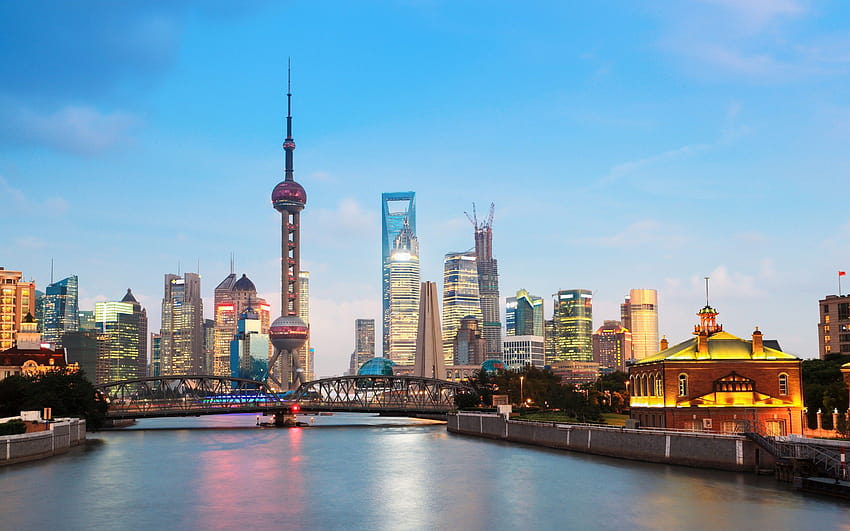 Waibaidu Bridge, Oriental Pearl Tower, Shanghai, China, Huangpu River, Cityscape, World HD тапет
